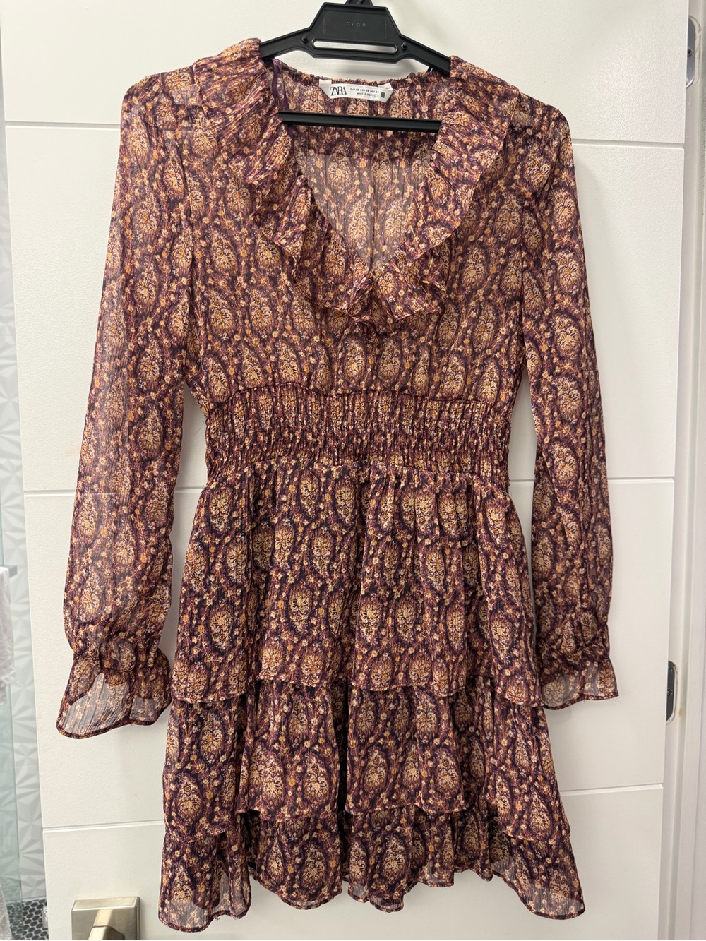 Zara Purple Paisley Ruffle-Trim Long-Sleeve Mini Dress